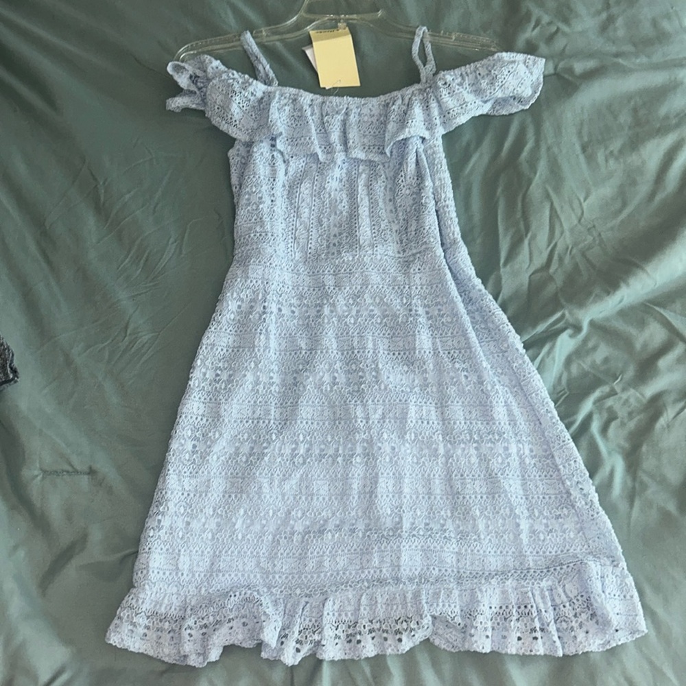 Live To Be Spoiled Ruffled Crochet Off-The-Shoulder Skater Dress
